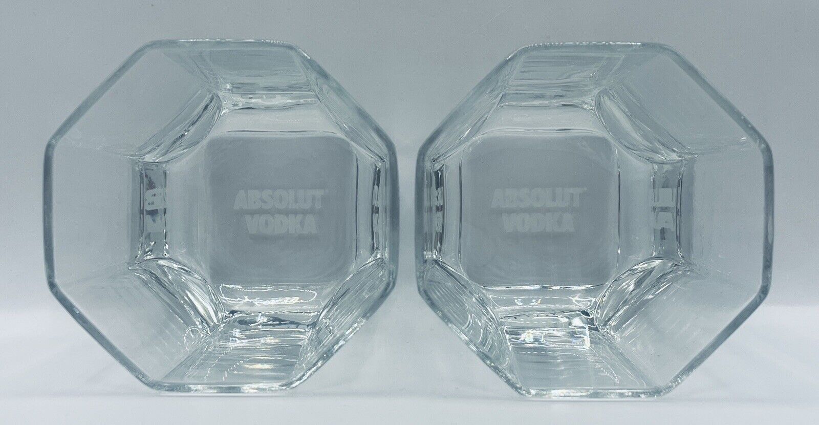 Pair Of Absolut Vodka Octagon Rocks Glasses Eight Sided Etched