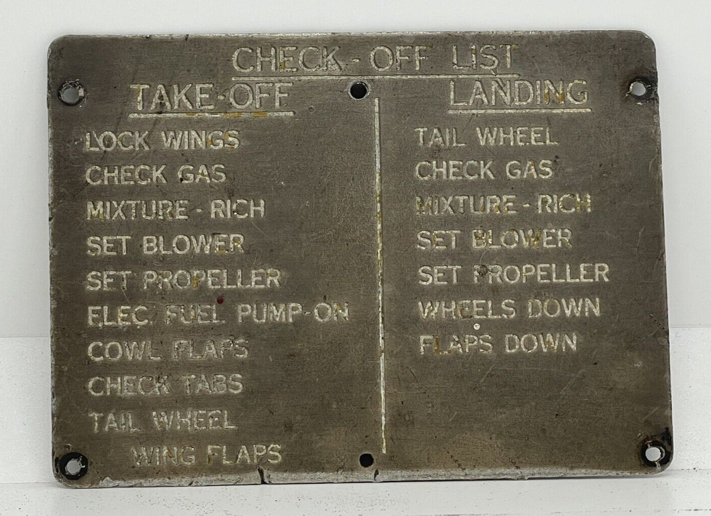 Original Grumman F6F Hellcat Cockpit Check-Off List Metal Plate
