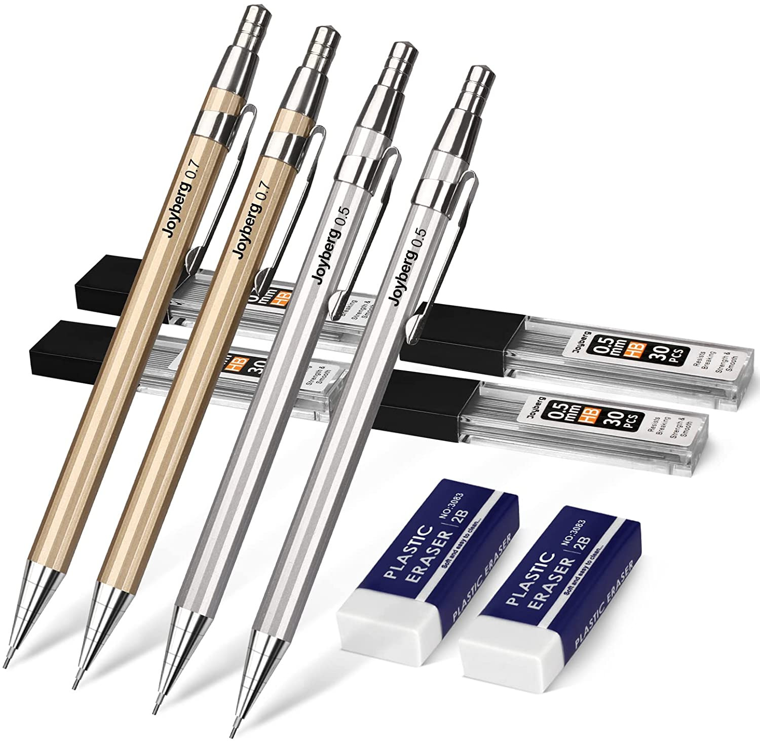 4 Pack Metal Mechanical 0.5Mm, 0.7Mm, Lead Pencil with 30 HB Lead Refills 0.5 & 