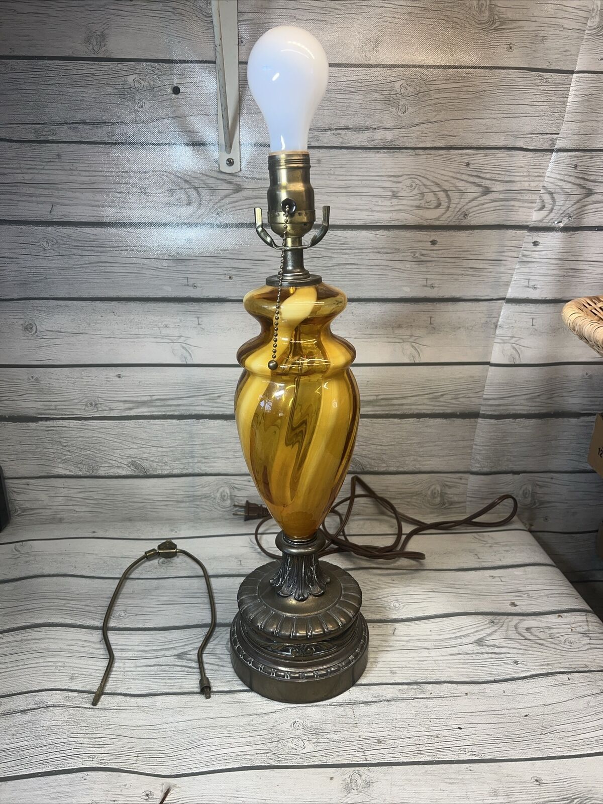 Vintage Murano Amber Glass Swirl Table Lamp Regency Mid Century
