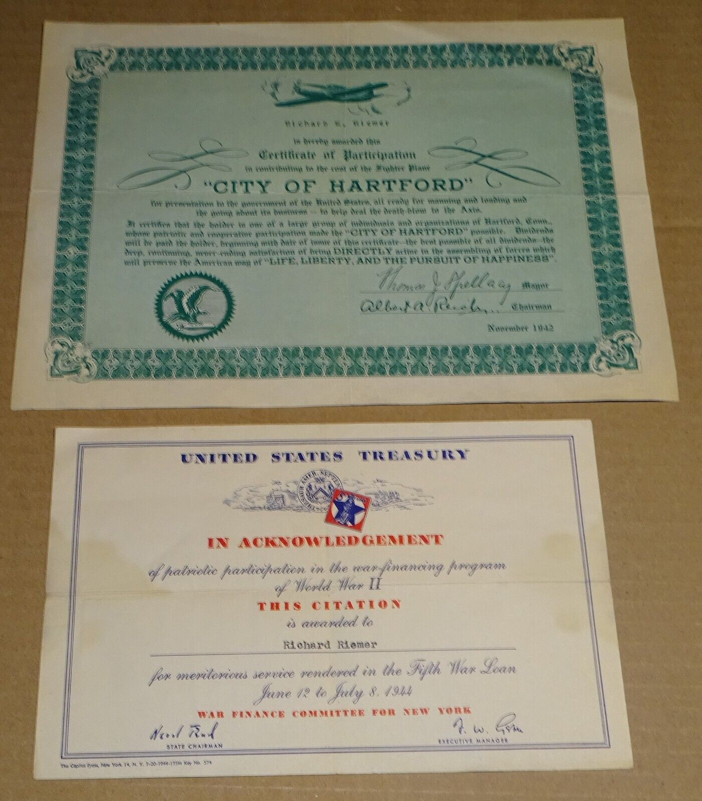 WWII Contribution Certificates - Hartford CT. Fighter Plane / U.S. Treasury War