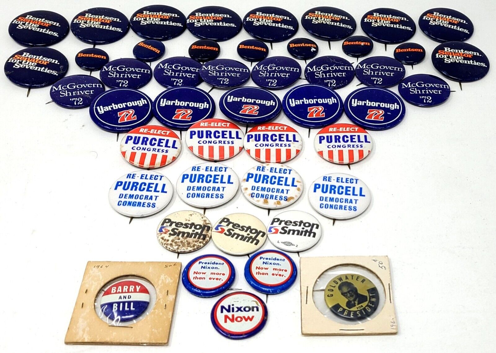 Lot of 46 Political Pins & Campagn Buttons Nixon, McGovern, Bentson, Purcell