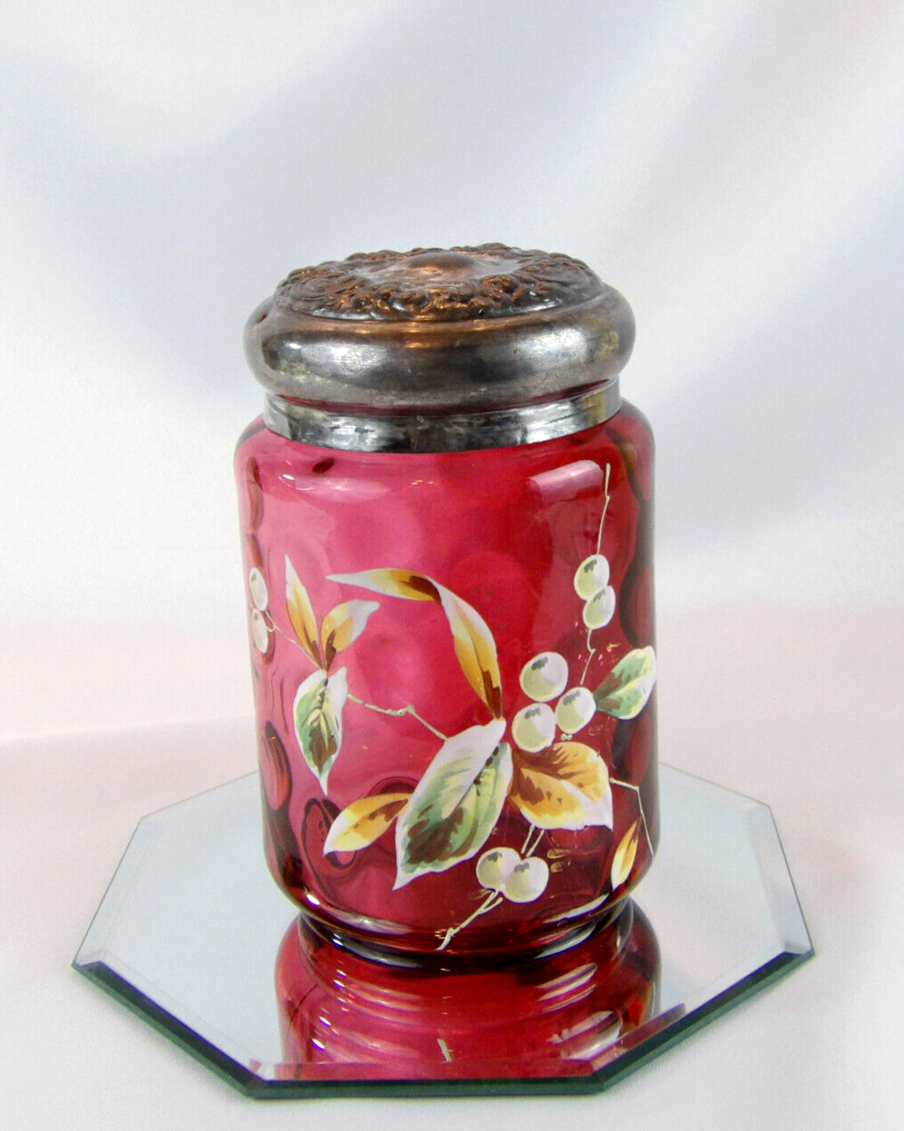 EAPG Enamel Painted Cranberry Glass Tobacco Humidor Jar Spot Optic Silver Plate