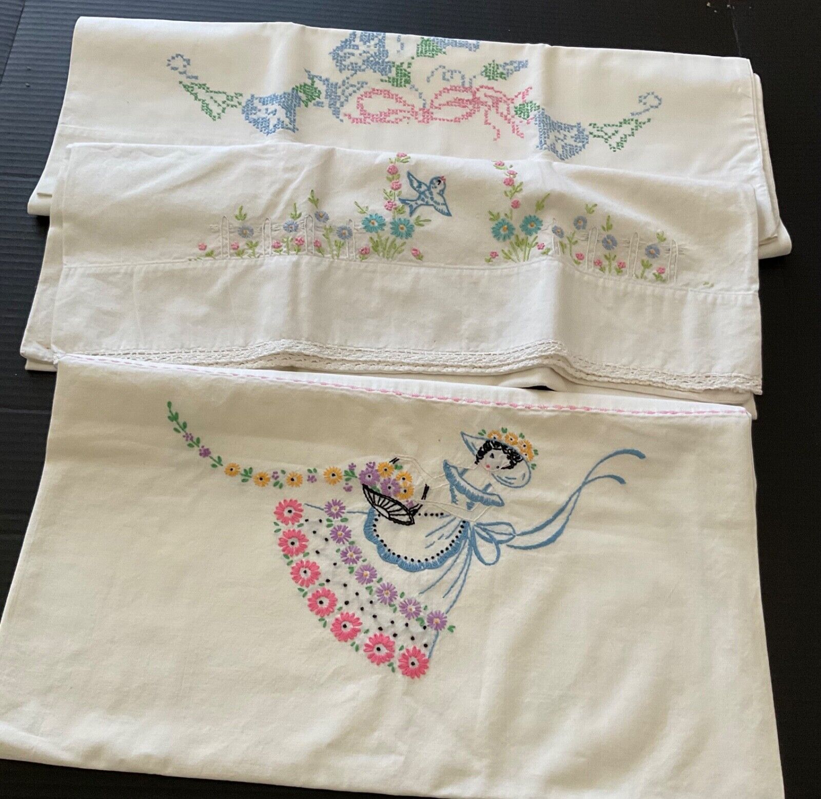 Lot of 3 single Embroidered X- Stitched Vintage Pillowcases Handcrafted