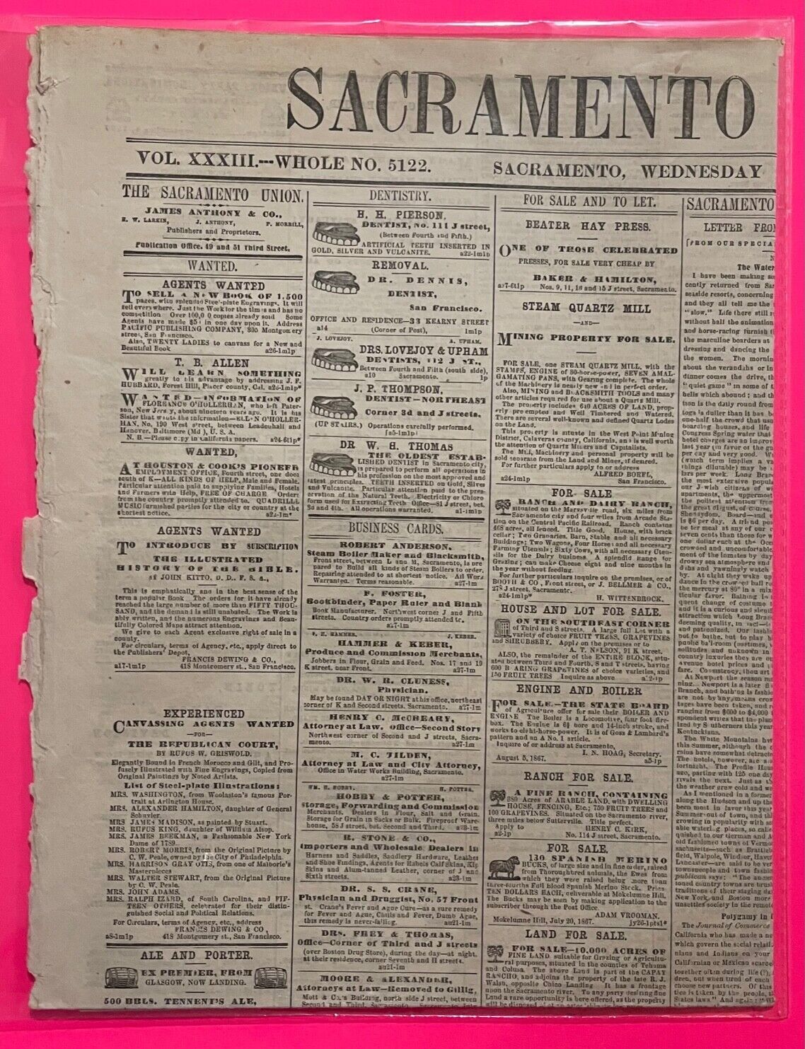SACRAMENTO DAILY UNION : AUGUST 1867 VINTAGE PAPER POST CIVIL WAR ERA