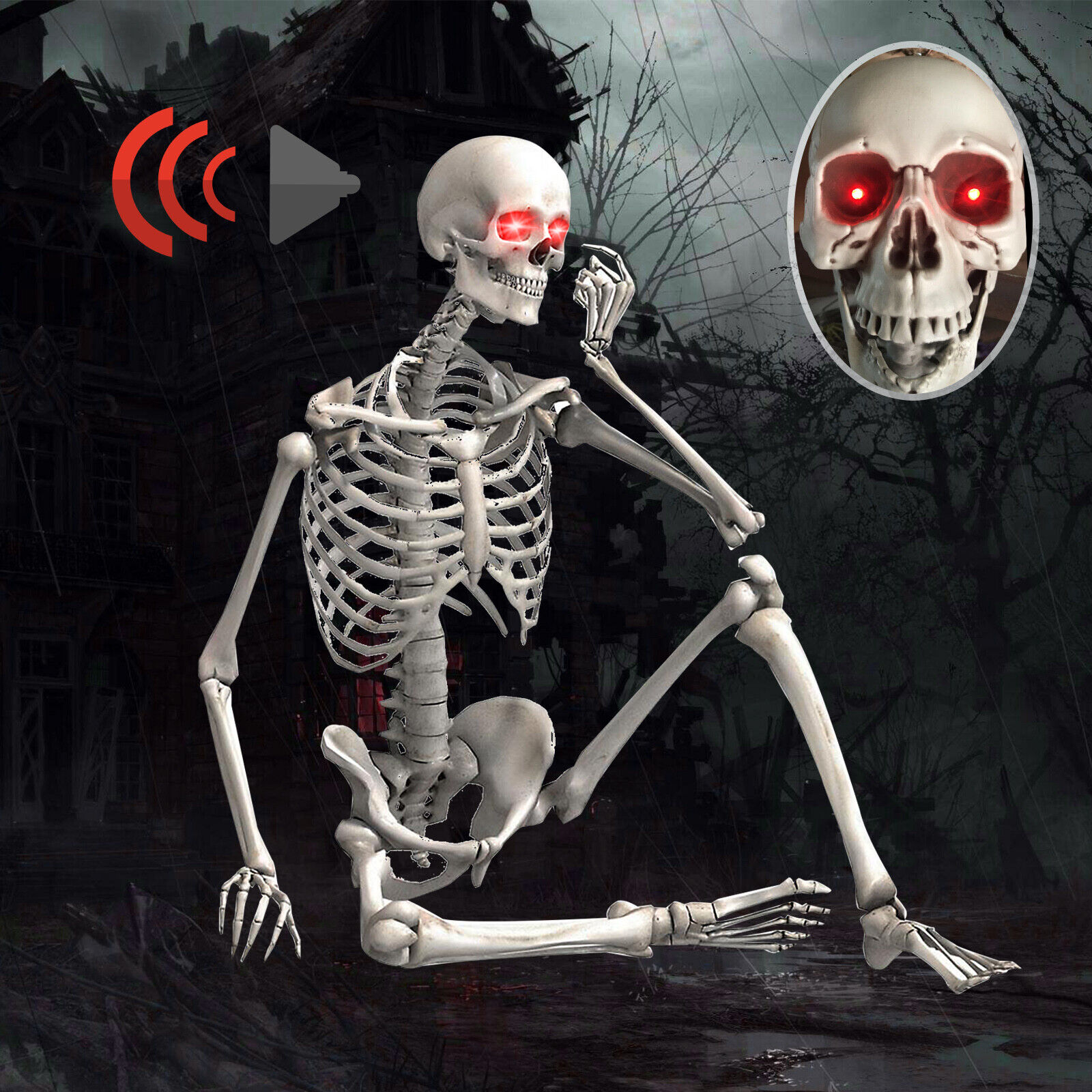 5.5ft Halloween Life Size Skeleton Bones With LED Light Eye Hanging Party Decor