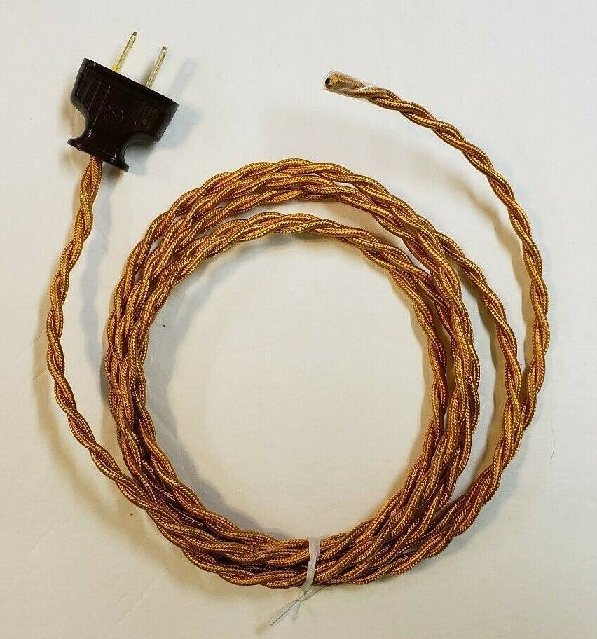 8' Gold Twisted Cloth Covered Wire & Plug, Vintage Style Lamp Cord, Rayon 401J