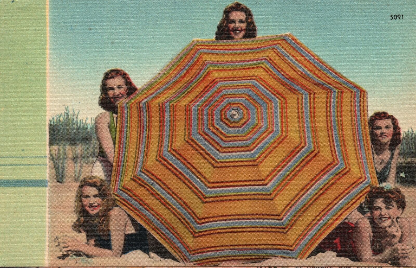 Vintage Postcard 1930\'s 5 Beautiful Girls Bathing Suit Beach Scene