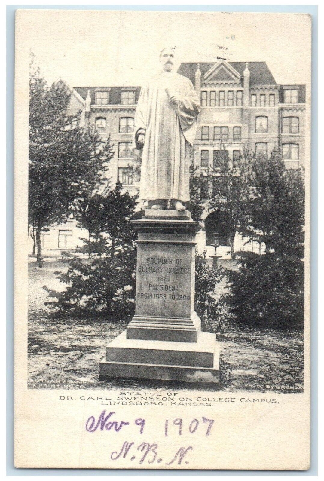 1907 Statue Of Dr. Carl On College Campus Lindsborg Kansas KS Antique Postcard