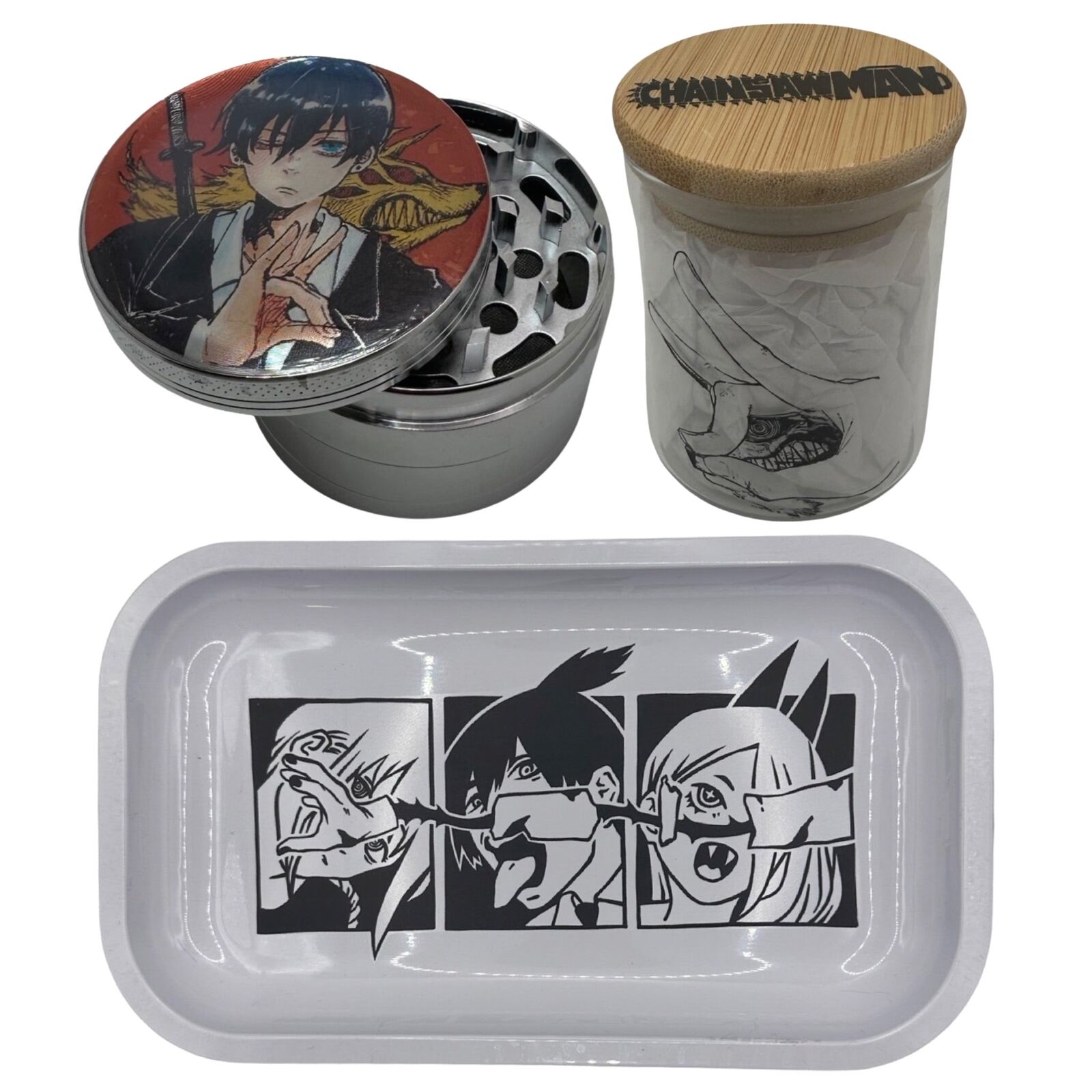 Chainsaw Man Anime Herb Grinder, Stash Jar, Rolling Tray Set