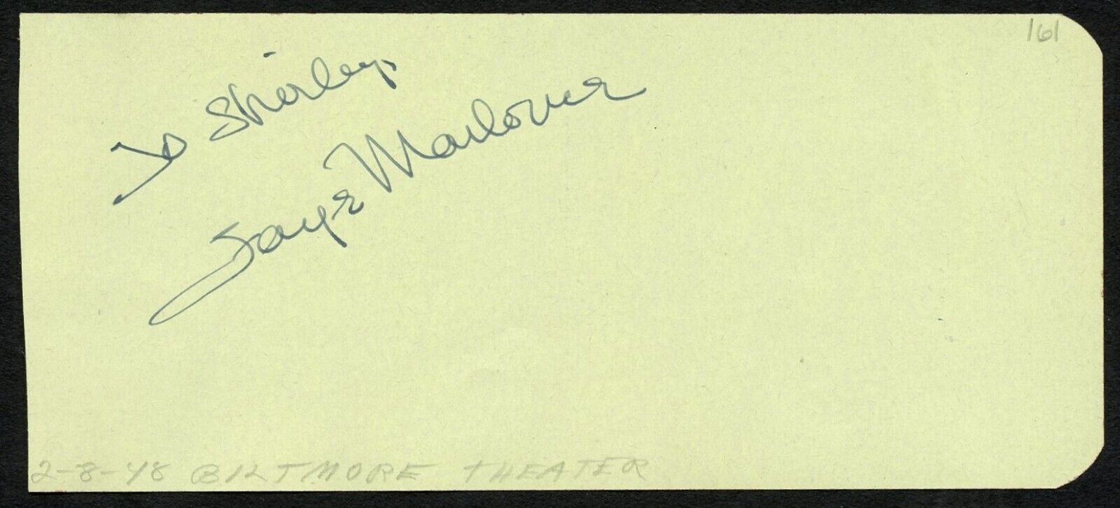 Faye Marlowe d2022 signed 2x5 autograph on 2-8-48 at Biltmore Theater Hollywood