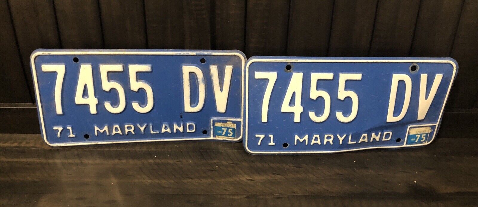 Vintage Pair Of 1971 Maryland License Plates 7455 DV