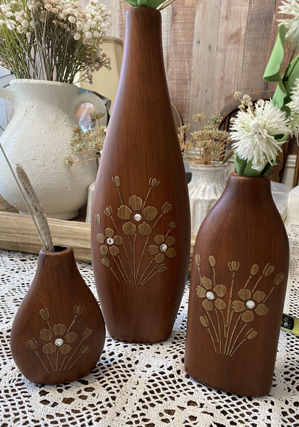 Vintage 1970s Vases Set Of 3, Wood Painted Vases Bohemian, Absolute Beauties