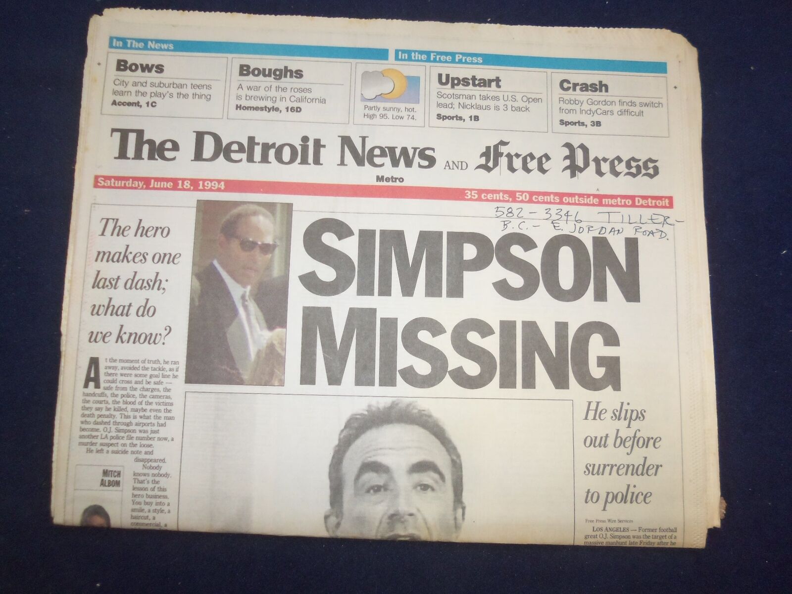 1994 JUNE 18 DETROIT NEWS/FREE PRESS NEWSPAPER - O.J. SIMPSON MISSING - NP 7199