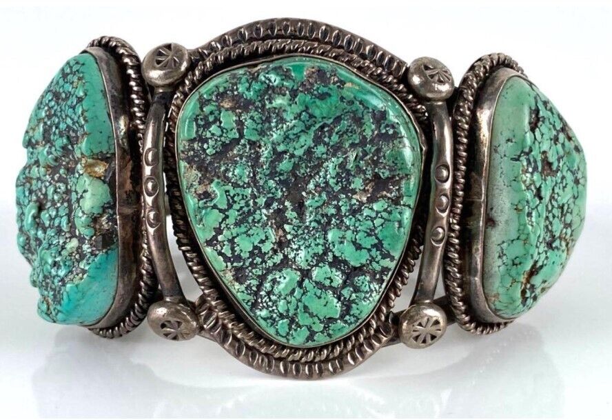 Large Vintage Navajo Turquoise Bracelet, Sterling Silver 7.25\