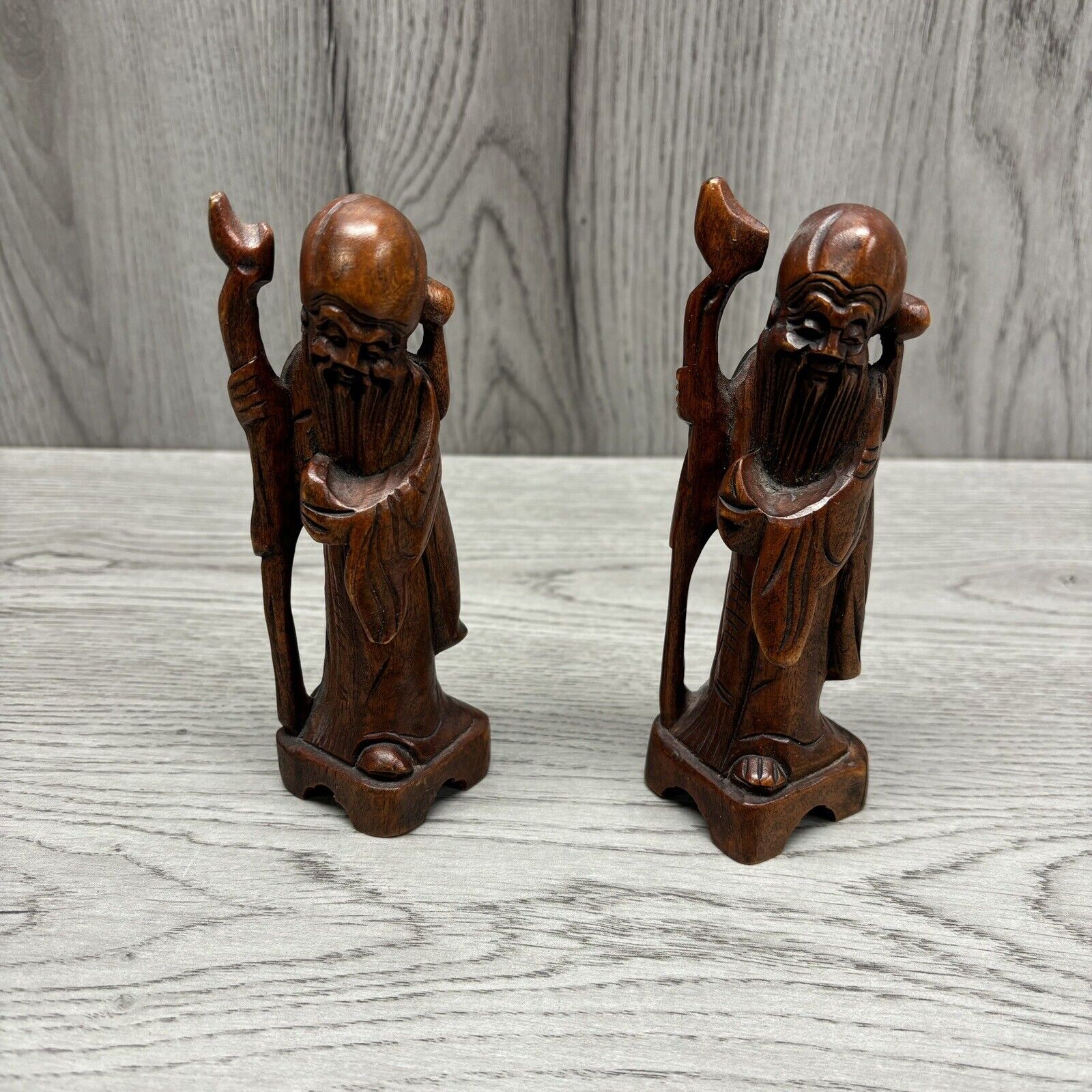 Vintage Hand Carved Wood Statue Old Man Longevity God Shouxing Pair 6”