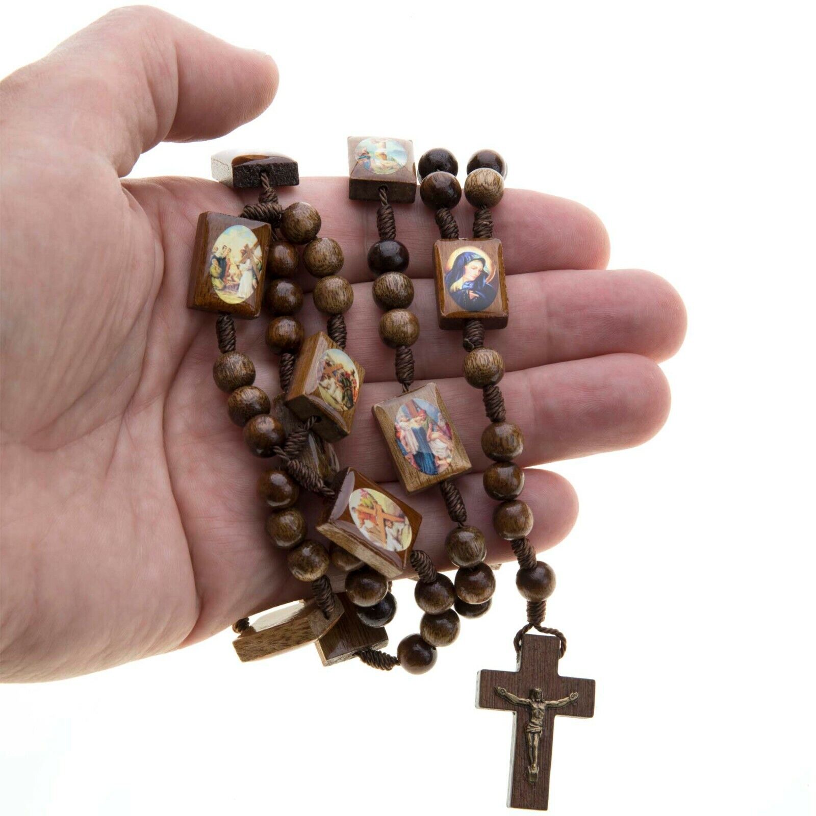 Stations Way of the Cross Wood Rosary Beads Catholic Corded Men Women Brown