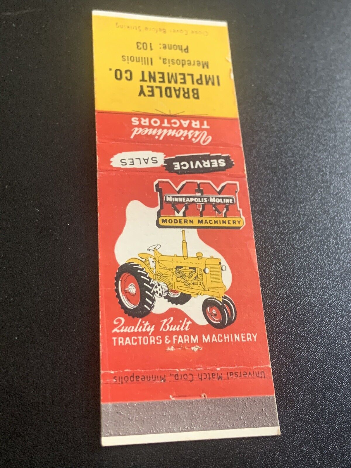 Vintage Matchbook “Bradley Implement - Farming Tractors Machinery” Merdoisa, IL
