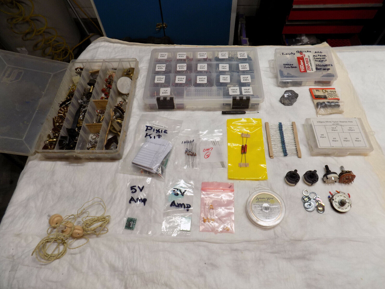 Crystal Radio Electronic Parts lot. Diodes, Capacitors, switches, mini coils etc