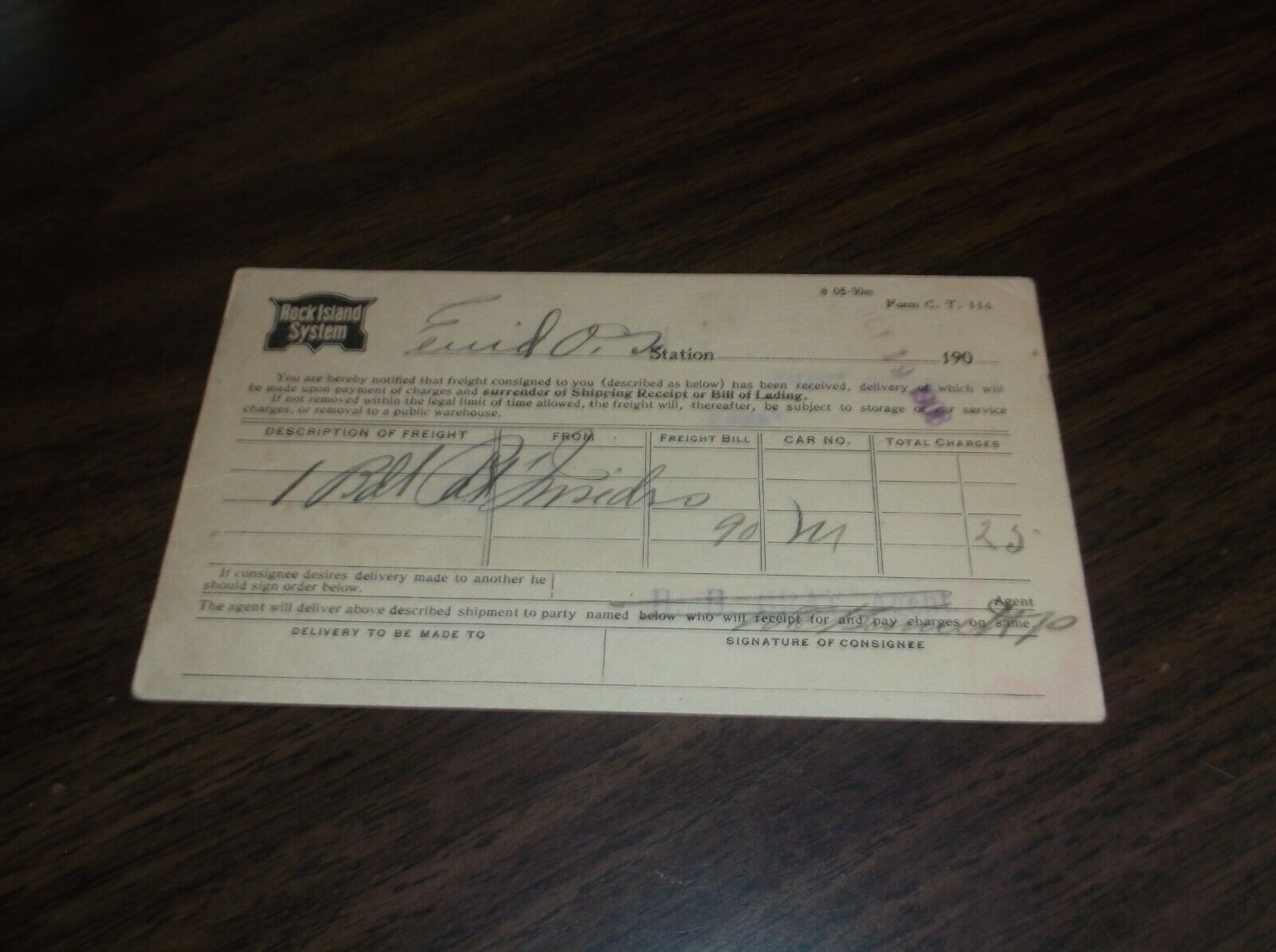1906 CRI&P ROCK ISLAND NOTICE OF ARRIVAL OF FREIGHT ENID OKLAHOMA POST CARD