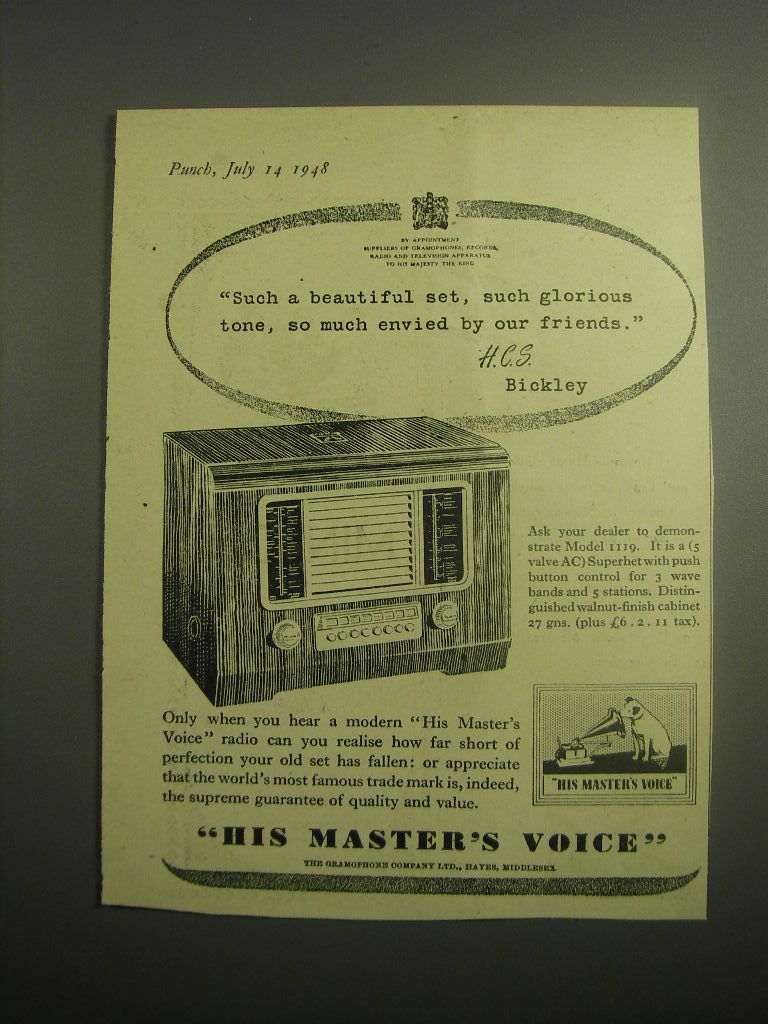 1948 H.M.V. Model 1119 Radio Ad - Such a beautiful set, such glorious tone
