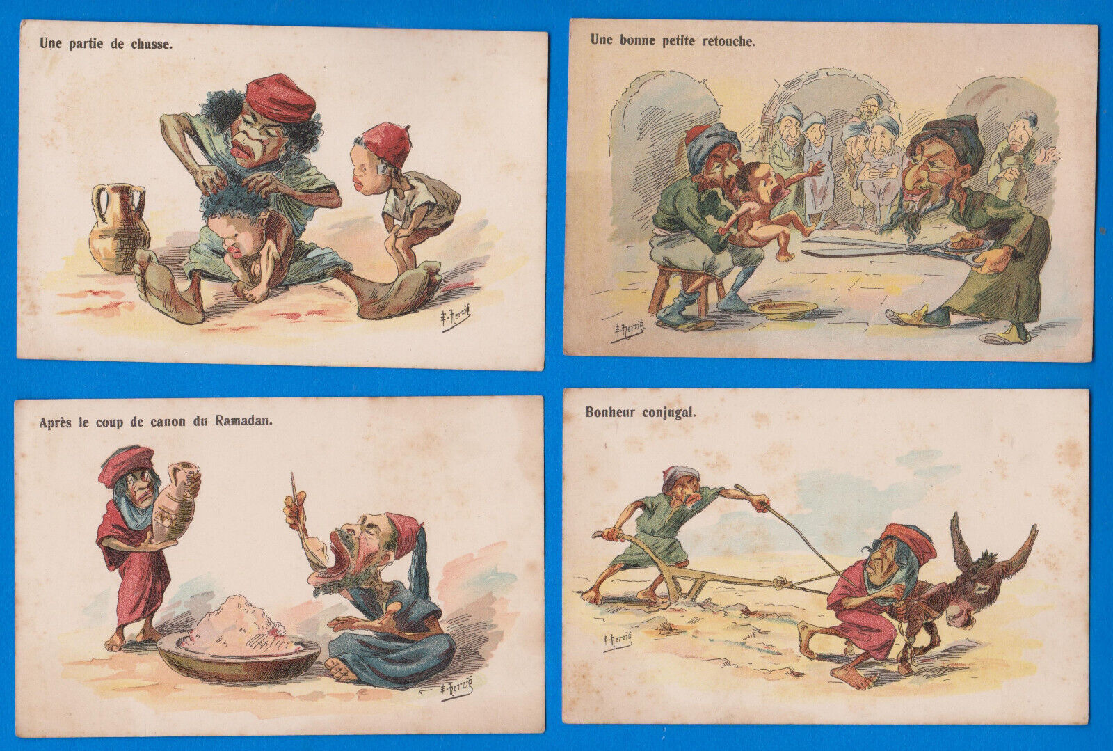 set of 4 old postcards JUDAICA Caricature of the circumcision by Herzig & others