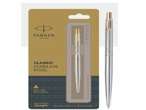 Parker Classic Stainless Steel Matte Gold Trim Ball Pen ( Blue Ink )