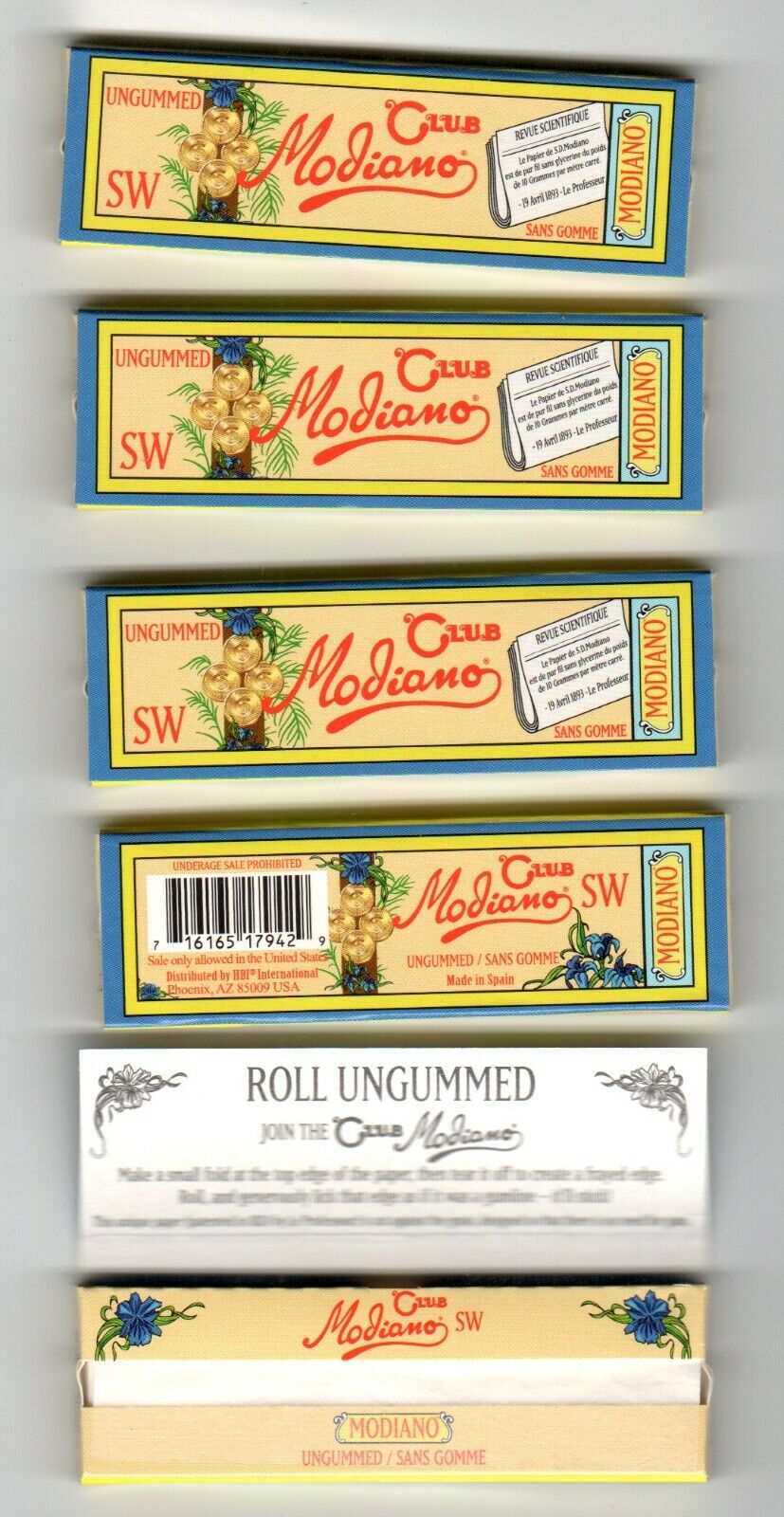 5X CLUB MODIANO ROLLING PAPERS SINGLE WIDE UNGUMMED 50 LEAVES PER PACK TOTAL 250