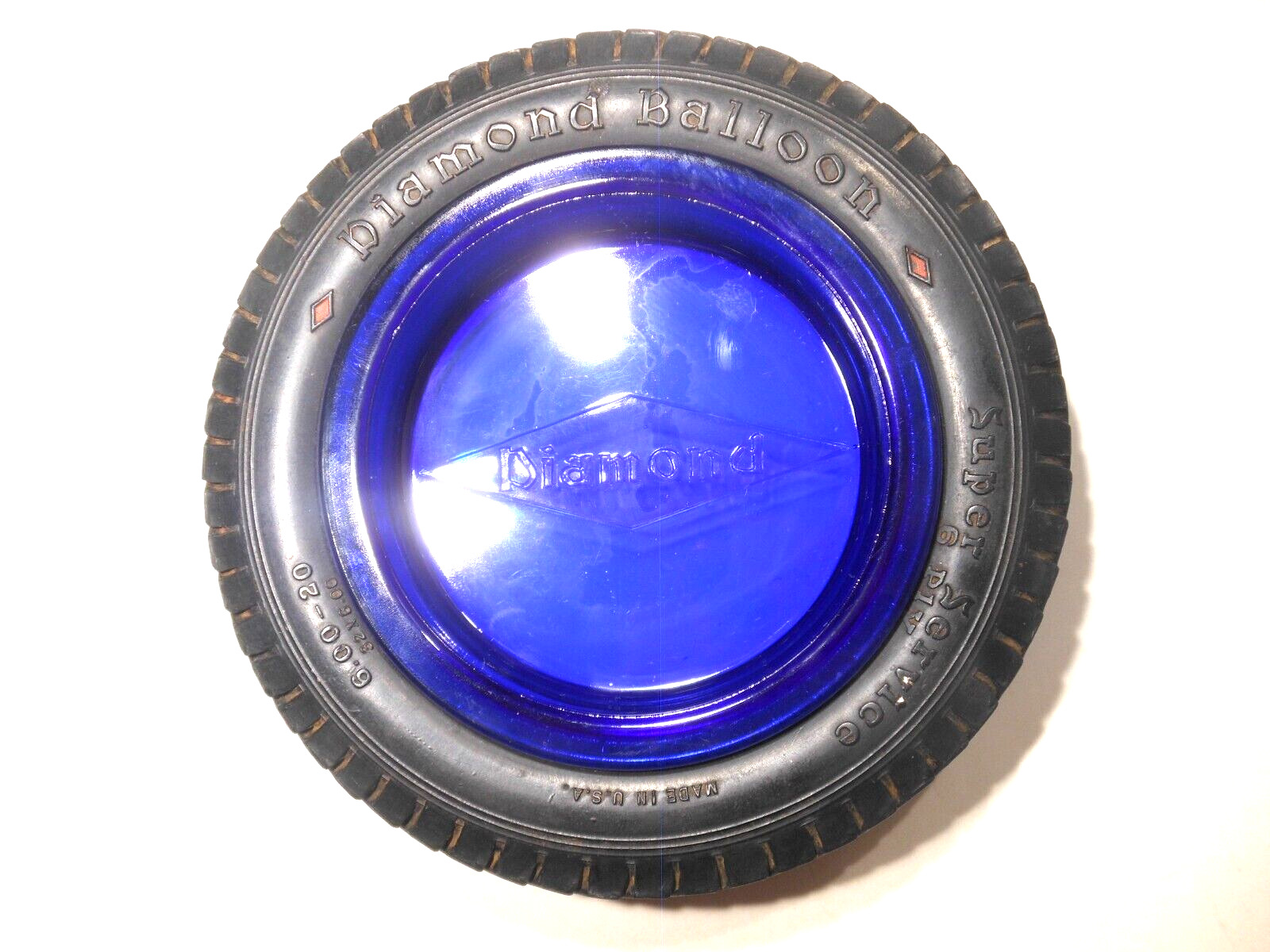 Vintage Diamond Balloon Rubber Tire Advertising Cobalt Blue Glass Ashtray Nice
