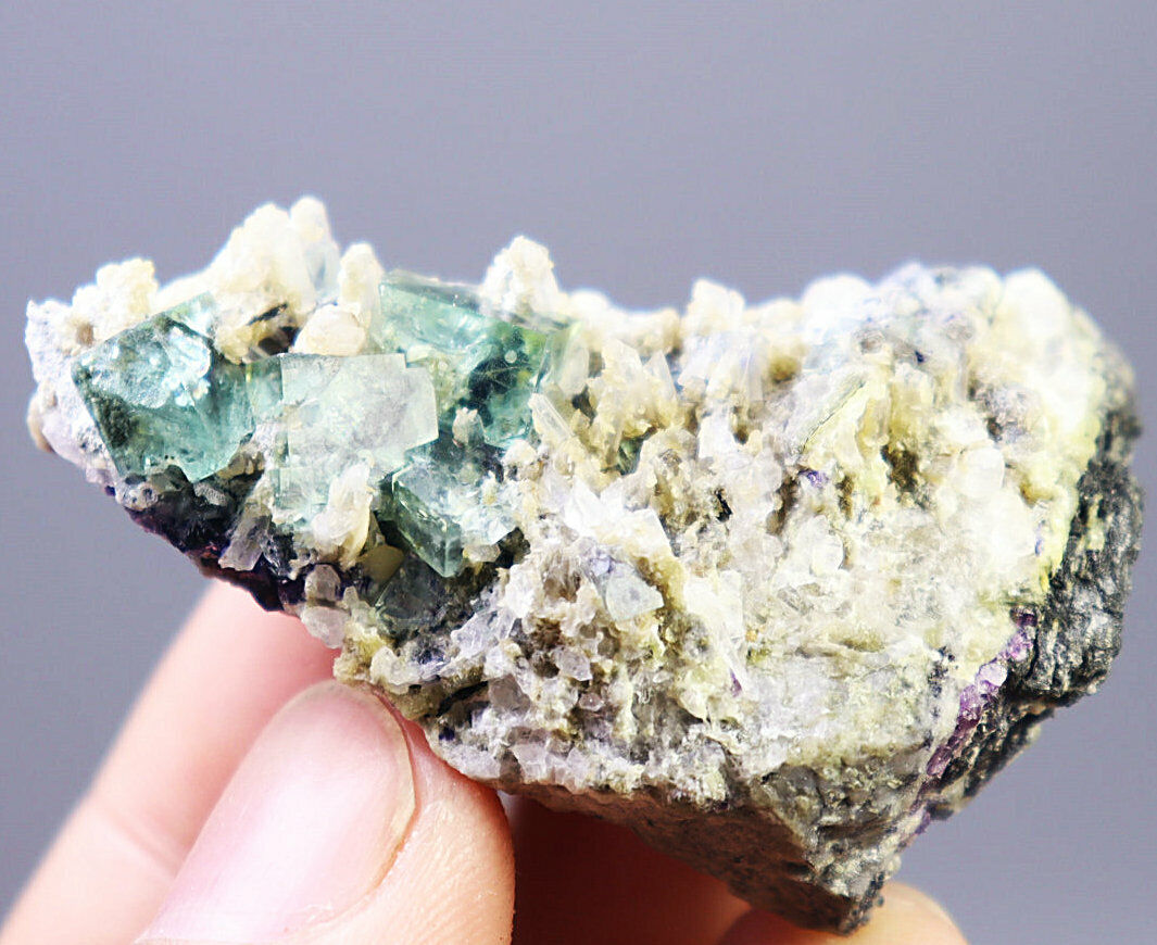 Natural Purple & Green Phantom Cube Fluorite Crystal Cluster Mineral Specimen
