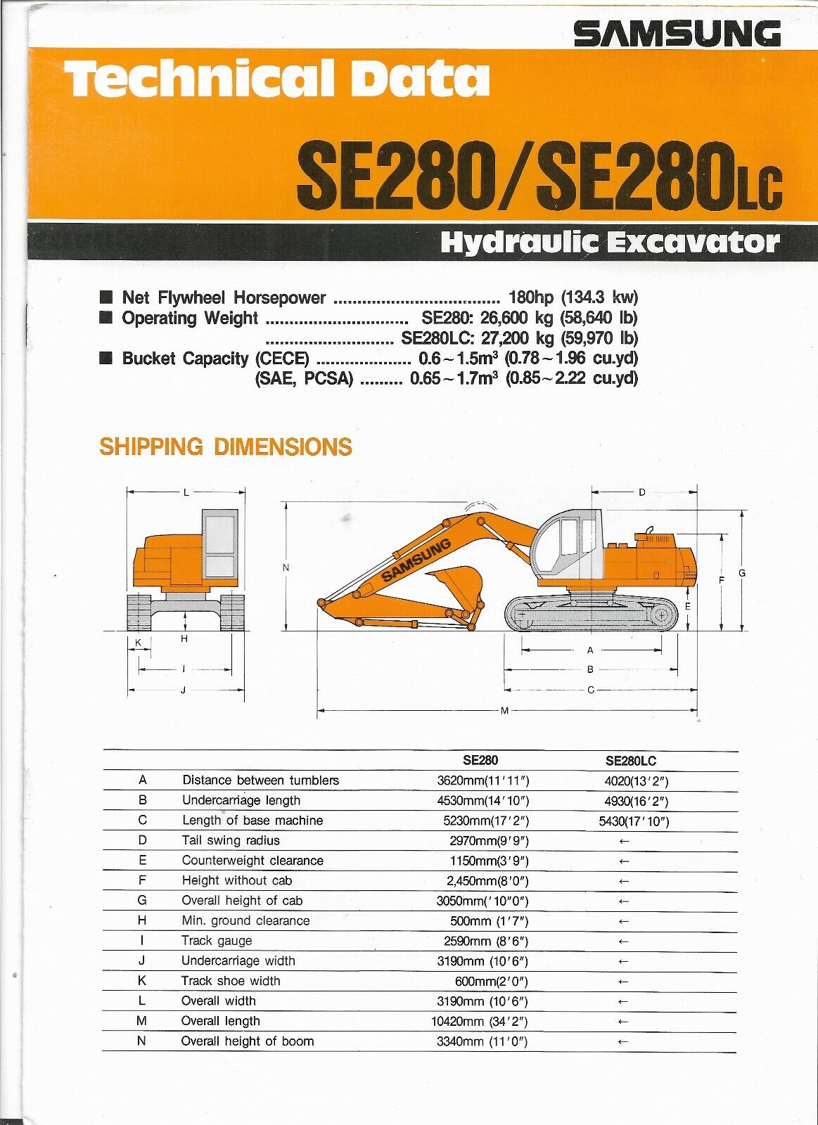 Original Samsung Model SE280 SE280LC Hydraulic Excavator Technical Data Brochure