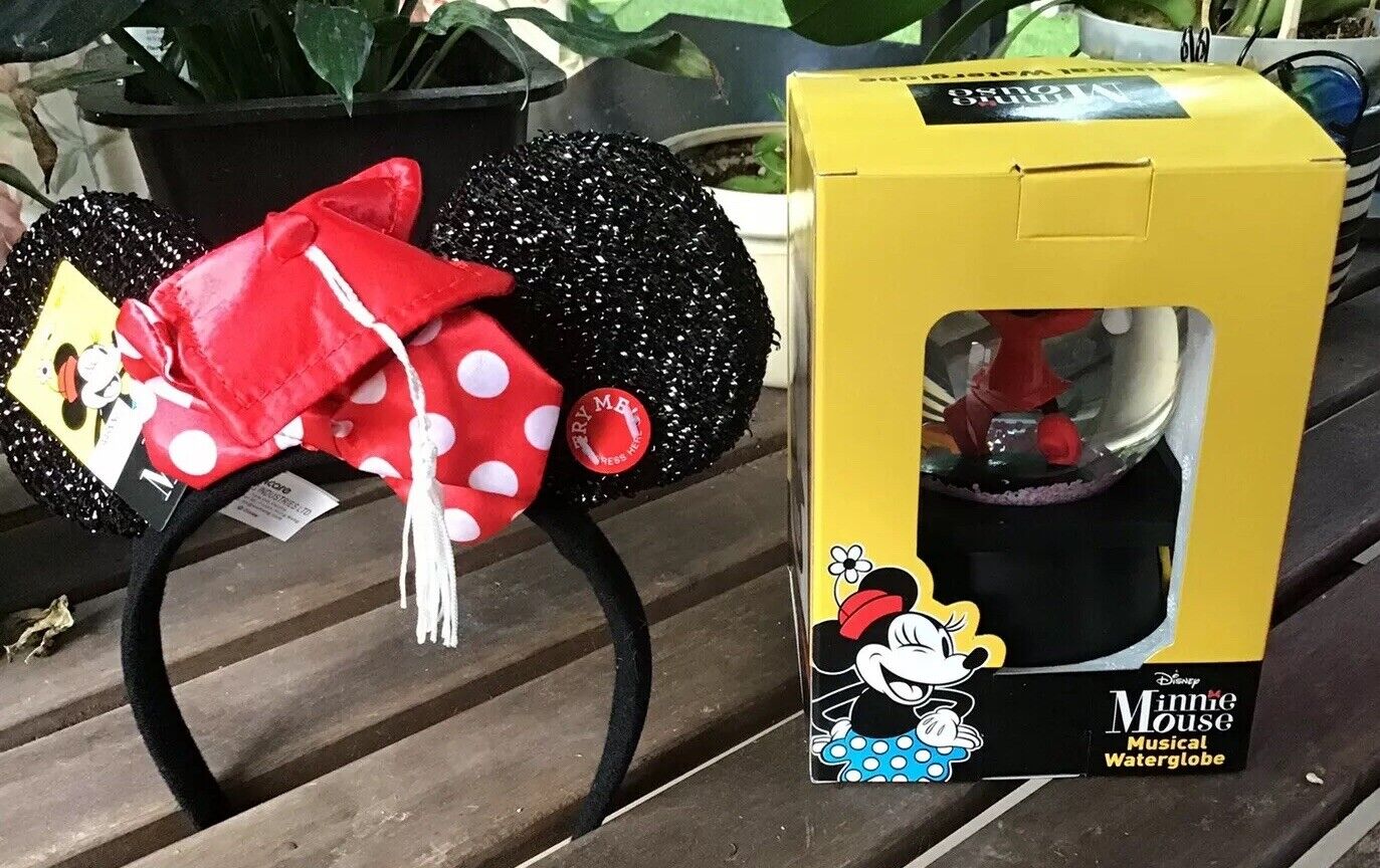Disney Minni Mouse 2019 Musical Snow Globe & Graduation Light Up Headband.New