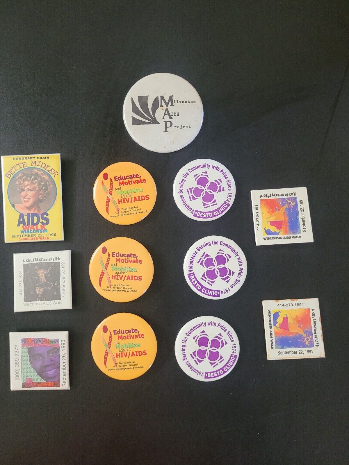 Lot of 12 Vintage AIDS Walk HIV Pins Buttons Bette Midler