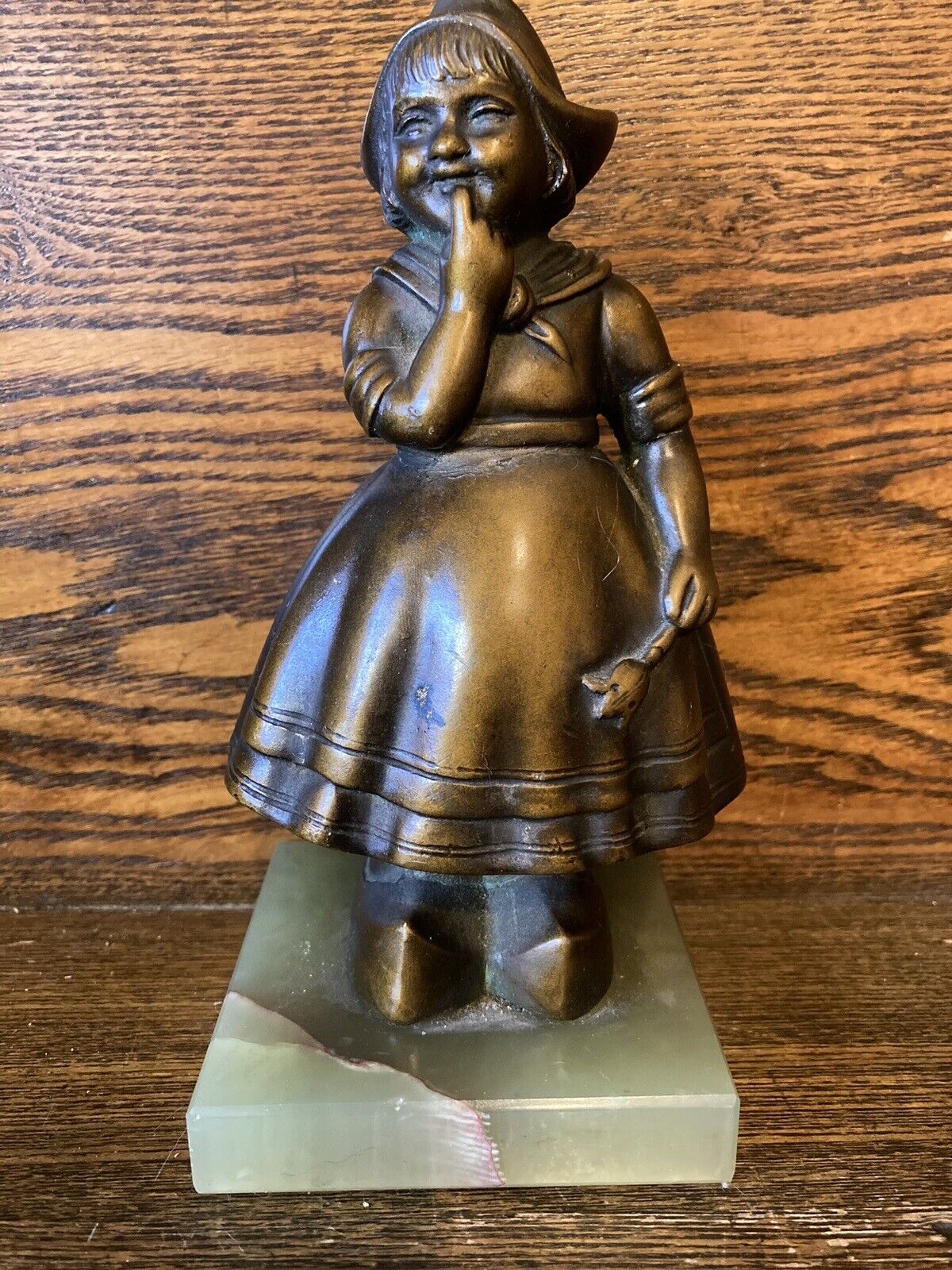 Vintage Bronze (plated?) Dutch Girl Figurine On Marble Stand