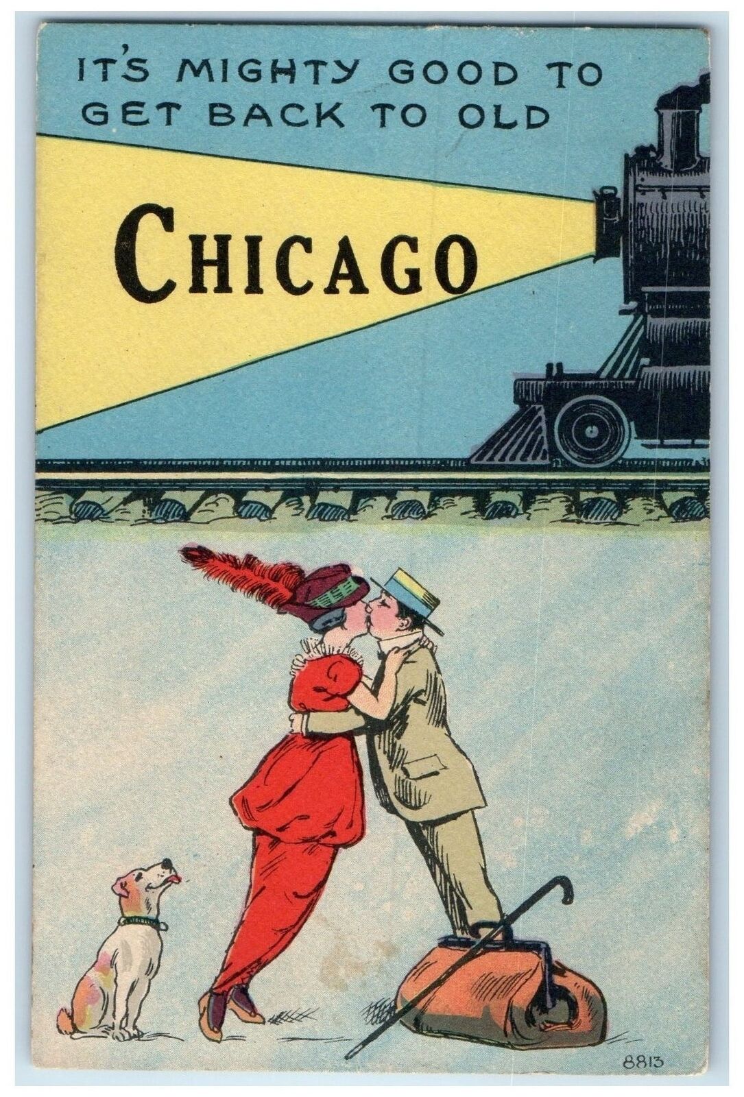 c1910s It\'s Mighty Good To Get Back To Chicago Illinois IL Train Light Postcard