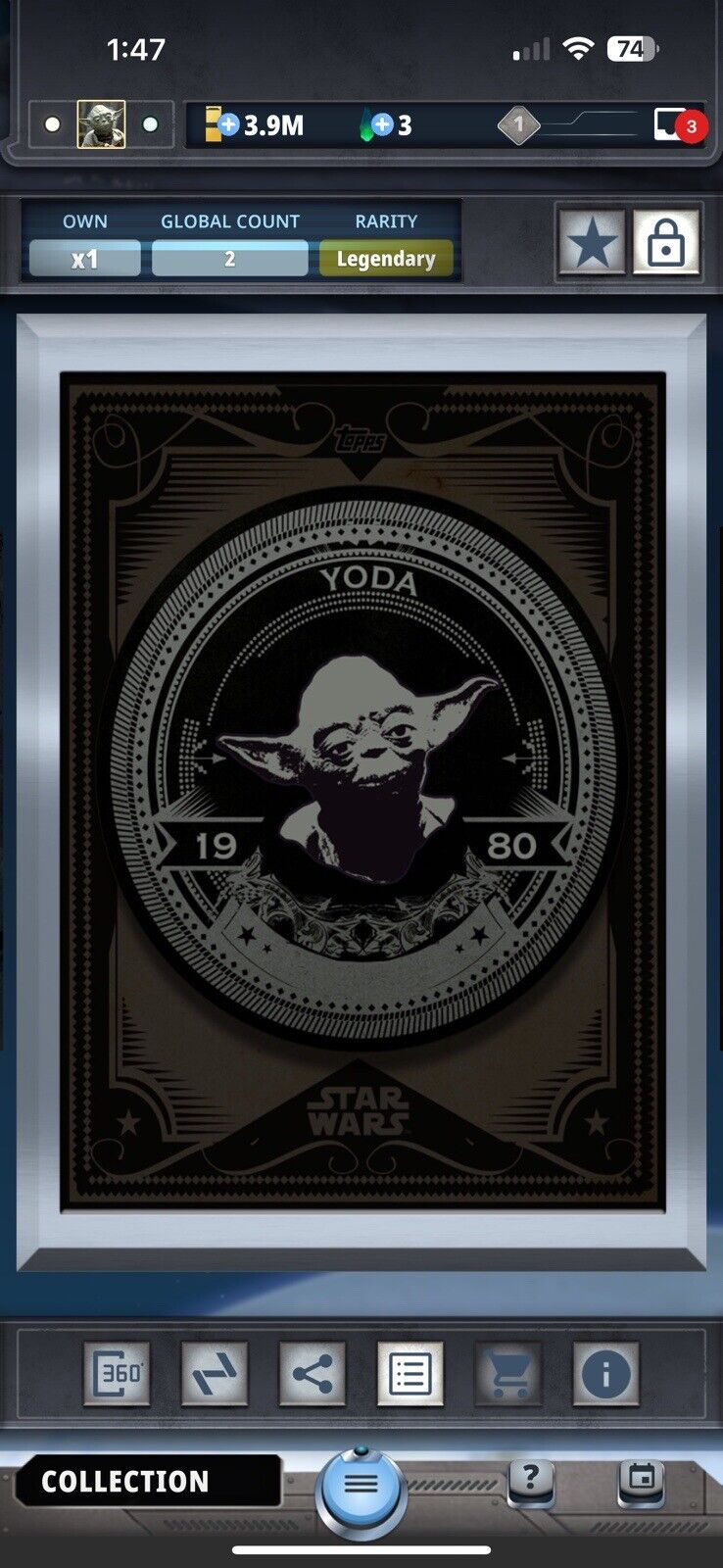 Star Wars Card Trader 2016 Silver Gilded Black Mint Press- Yoda (2cc)
