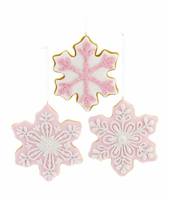 Snowflake Pink White Cookie Ornament Set 3 4.5\
