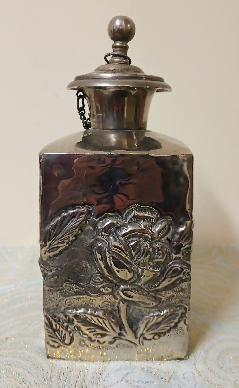Vintage Silver Rose Repousse Decanter from India