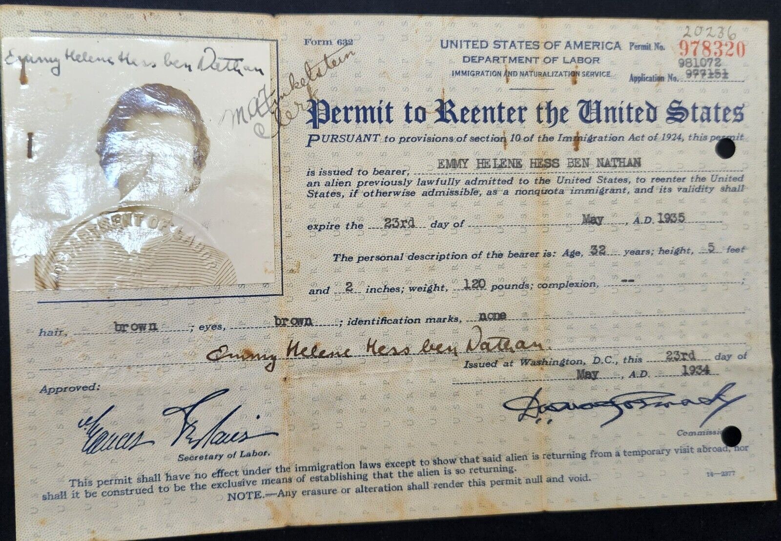 HOLOCAUST JEWISH PASSPORT CERTIFICARTE to USA from GERMANEY 1935 ISRAEL