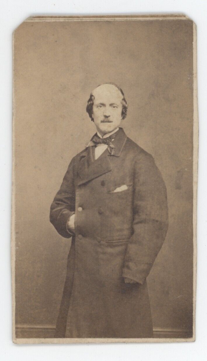 Antique CDV Circa 1870s Older Balding Man With Mustache in Long Coat & Tie