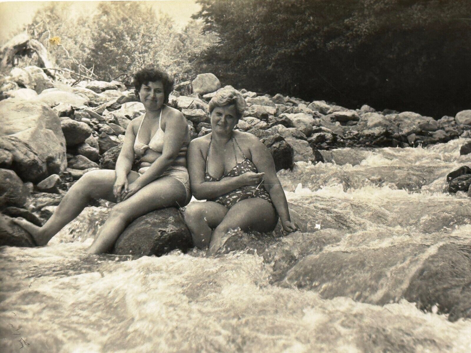 1970s Two Plump Women Bikini Beach Female Mountain Stream Vintage Photo Snapshot