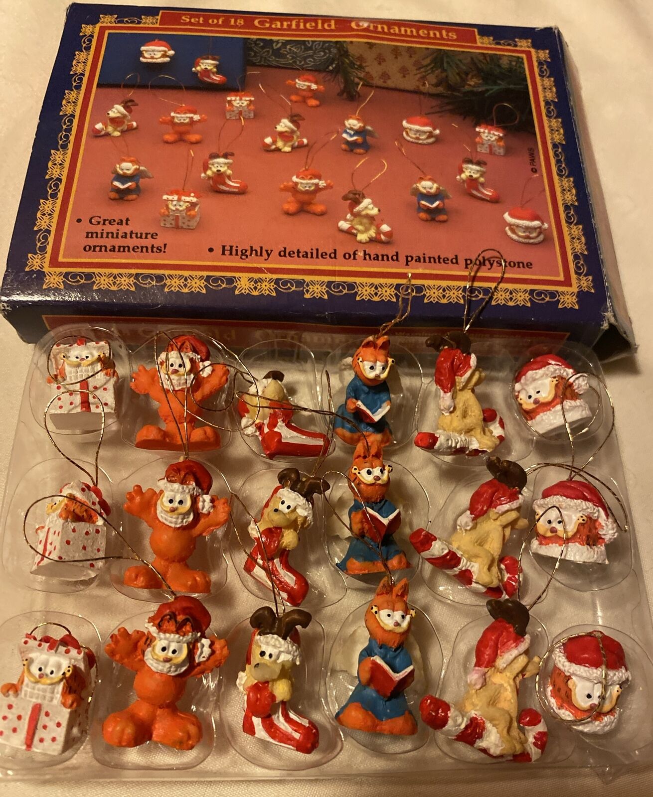 Garfield, Set of 18 Hand Painted Mini Christmas Ornaments, With Box