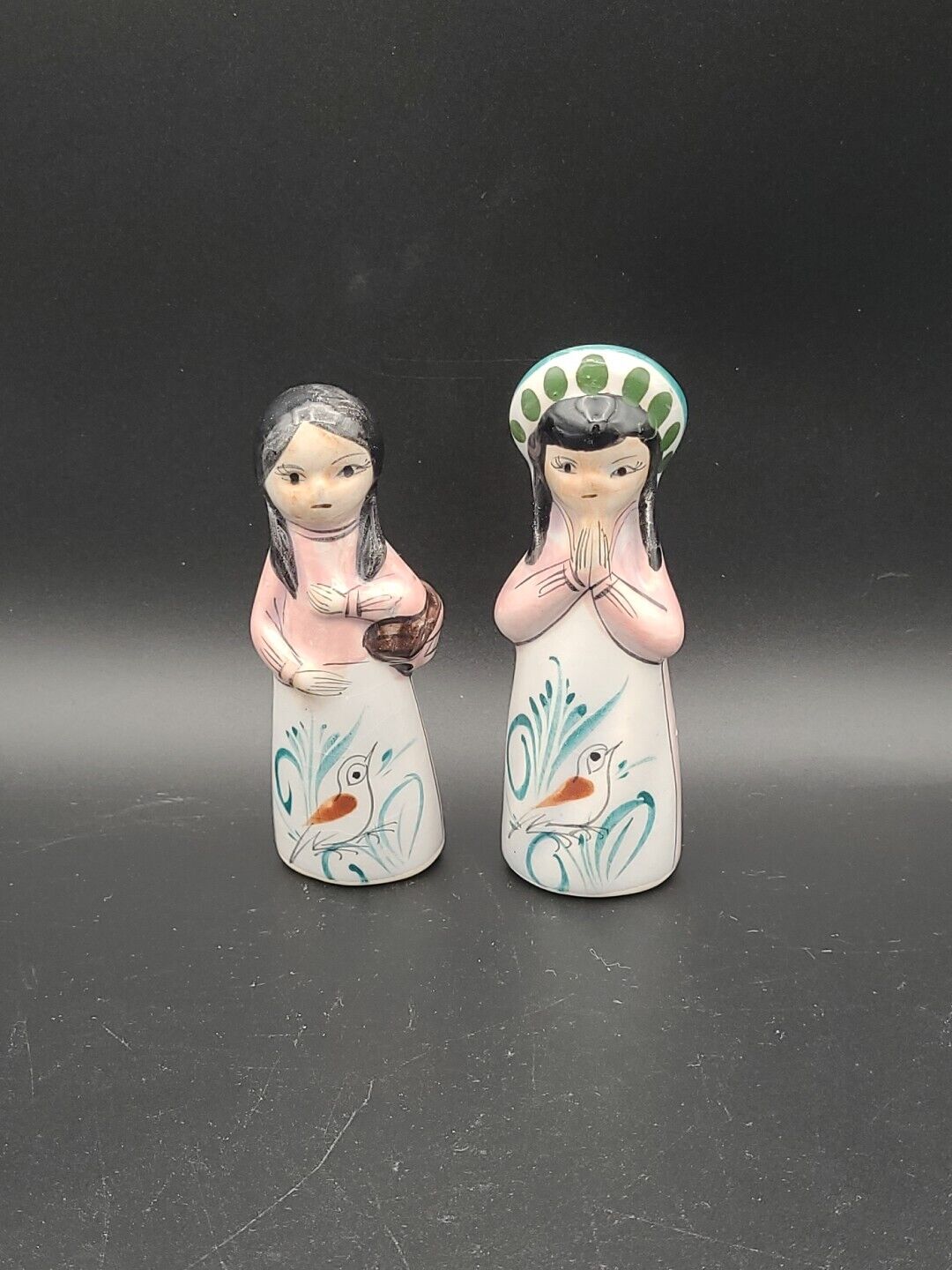 Vintage Mexican Pottery Hand Painted Women Girl Villager Birds