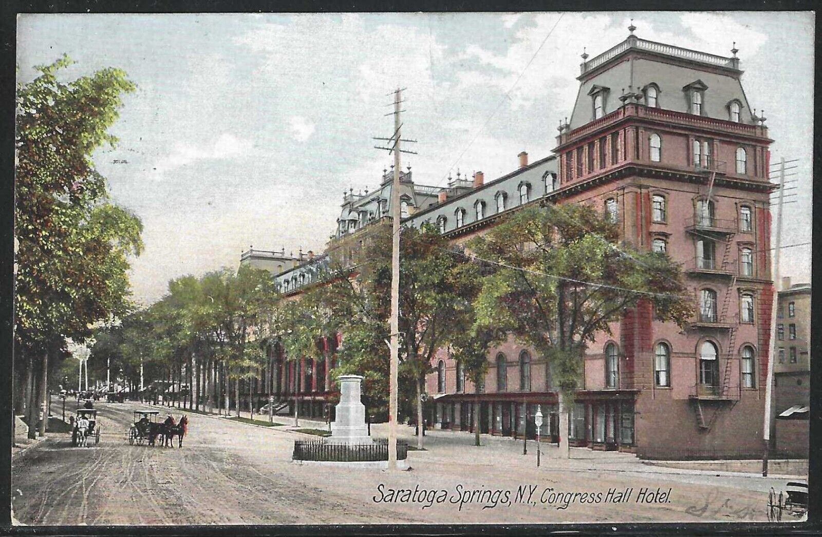 Congress Hall Hotel, Saratoga Springs, N.Y., Very Early Postcard, Used in 1907