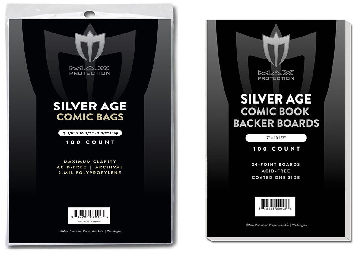 100 Max Pro Silver Age Comic Book Archival 2-mil Bags + Acid Free Backer Boards