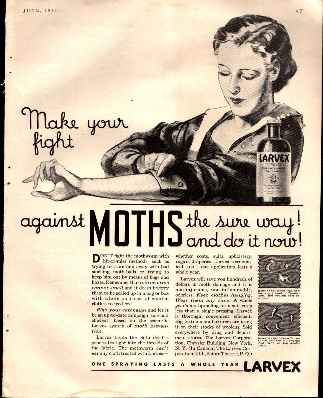 1933 Larvex Moth Spray Pesticide Make your fight... Vintage Print Ad 1030