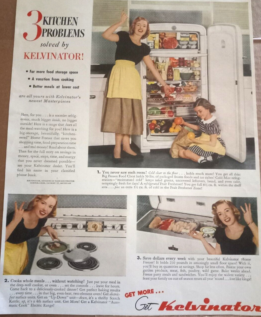 1949 print ad - Kelvinator refrigerator cute little girl mom family ADVERTISING