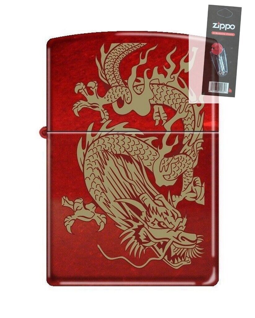 Zippo 99709 Painted Dragon Candy Apple Red Lighter + FLINT PACK