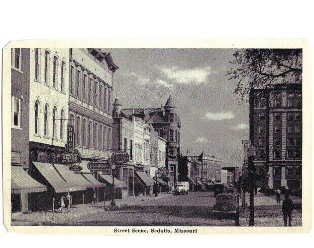 c1944 Street Scene Sedalia Missouri MO Drug Store Old Cars Postcard