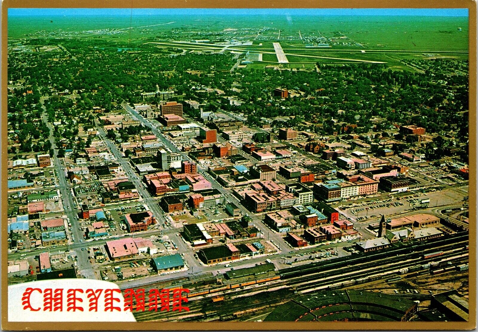 Aerial View Cheyenne Wyoming Buildings Landscape Nature Chrome Postcard UNP